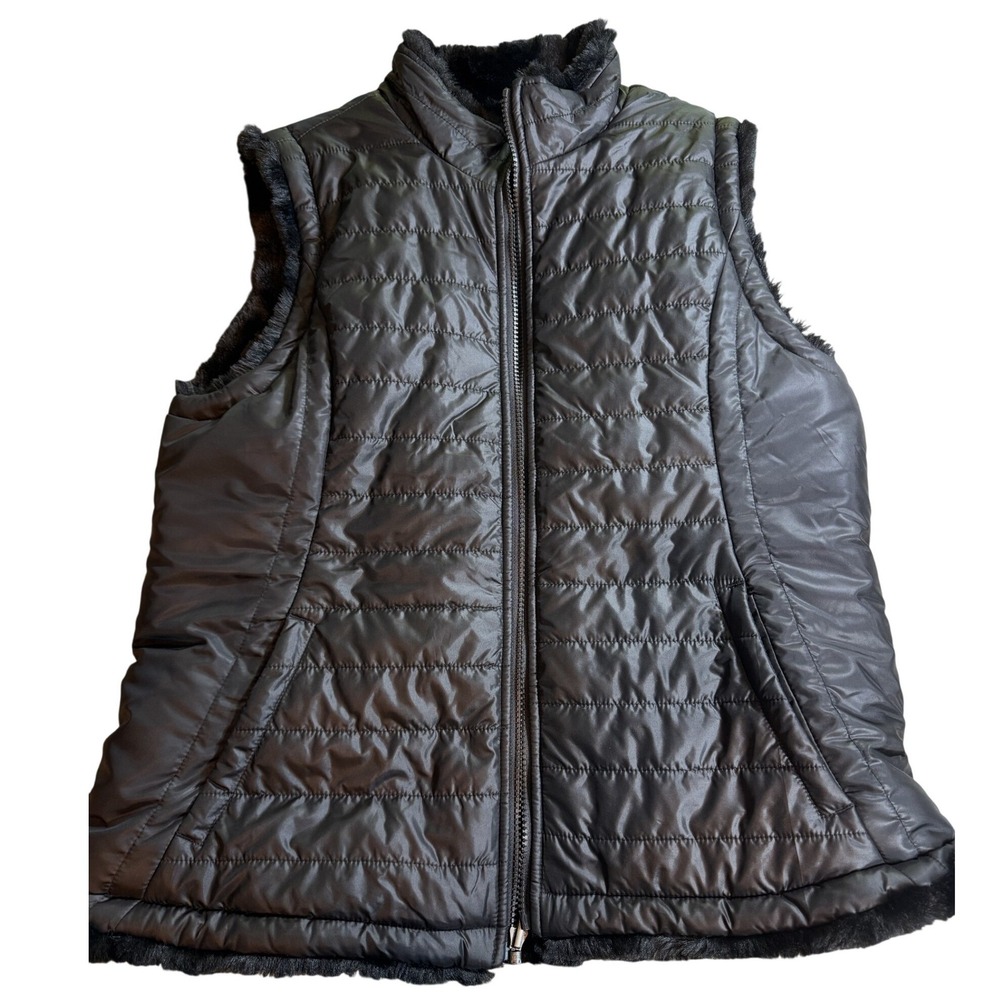 Nicole Miller Original Reversible Puffer Vest Black Faux Fur Quilted Full Zip